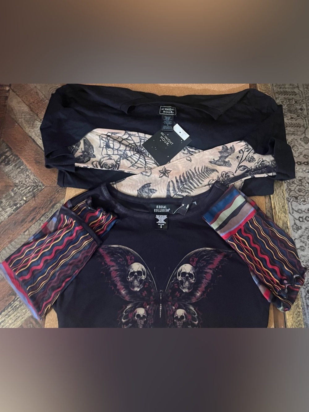 Black Skull Butterfly Graphic Top and Midnight Hour graphic top